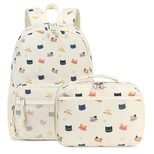JIANYA Kids Backpack for Girls, Lightweight Girls Backpack with Lunch Box, Elementary School Bag Set, Cute Cat Beige