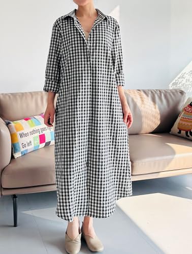 Minibee Women's Plaid Shirts Dress Button Down Long Sleeve Cotton Casual Blouses Dresses with Pockets2