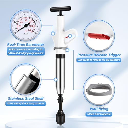 Image of Toilet Plunger, High Pressure Drain Clog Remover, Plungers for Bathroom, Air Drain Unclogger Blaster with Visual Barometer, Toilet Plunger Heavy Duty Powerful Drain Toilet Snake Auger, Sink Plunger