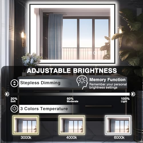 40x30 LED Lights Bathroom Mirror -Black Aluminum Rimmed(Front lit and Backlit),Anti-Fog Vanity Mirror with Lights,Stepless Dimmable Lighted Mirror,3 Colors Smart Mirror(Horizontal/Vertical)