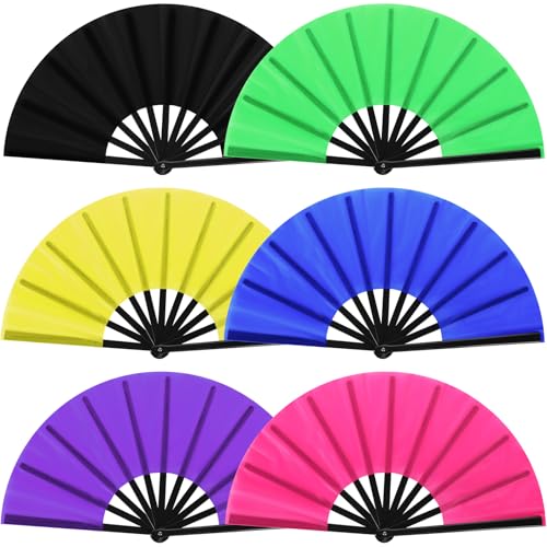 Blulu 6 Pcs Large Folding Fans for Line Dancing 13 Inch Boots on the Ground Fans for Line Dancing for Women Men Big Silk Clack Popping Make Loud Sound for Edm Music Party Decorations(Neo Color)