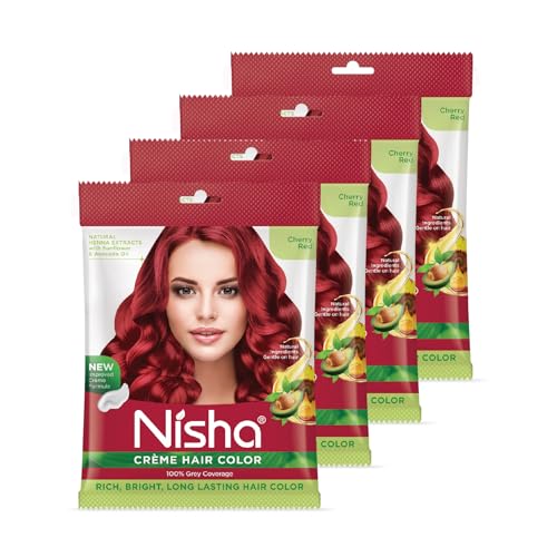 Image of Nisha Cream Permanent Hair Colour for Women & Men, Cherry Red - 100% Grey Coverage, Long Lasting Hair Dye, Deep Shine & Conditioning with Natural Herbs, 40g (Pack of 4)