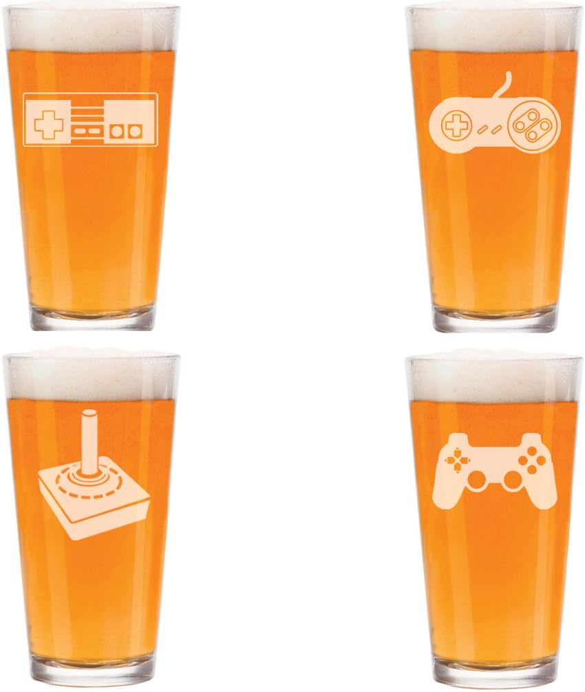 MIP Set of 4 Glass 16 oz Beer Pint Glass Gift Classic Retro Video Game Controllers