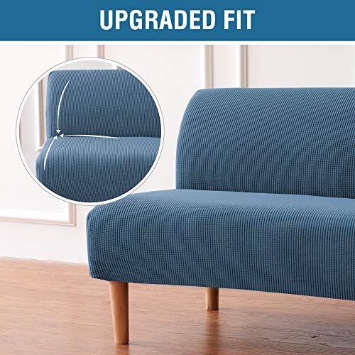 H.versailtex Armless Futon Cover Stretch Sofa Bed Slipcover Protector Elastic Feature Rich Textured High Spandex Small Checks Jacquard Fabric Futon Cover, Machine Washable, Dusty Blue #TOP2