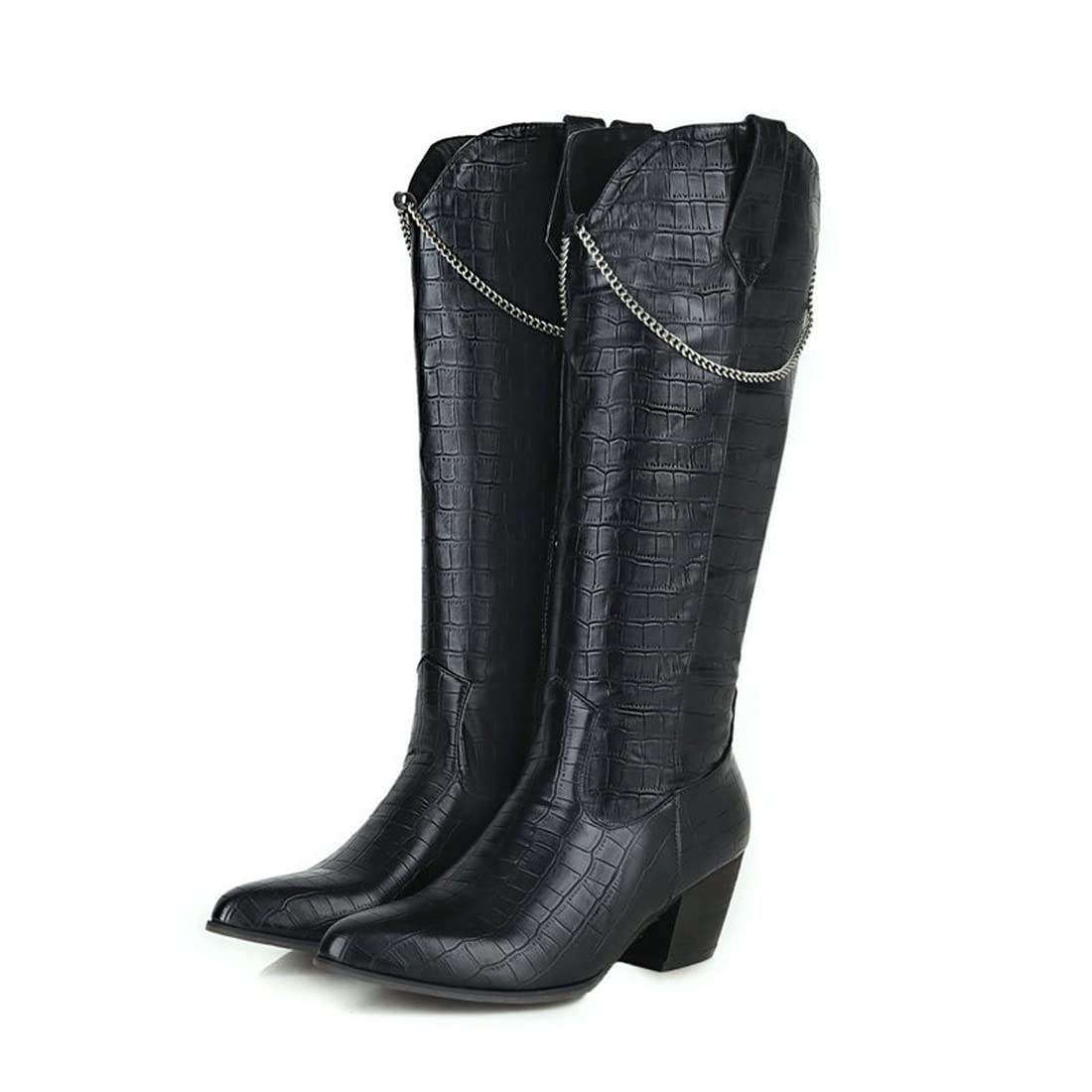 Botas De Vaquero De Tacón Ancho para Mujer Botas De Media Pantorrilla con Punta En Punta con Cadena