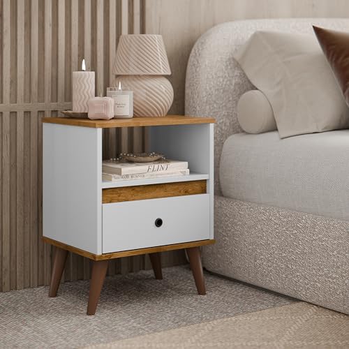 Conjunto 2 mesa de cabeceira retrô pés palitos 1 gaveta luxo -TED- Branco/Nature