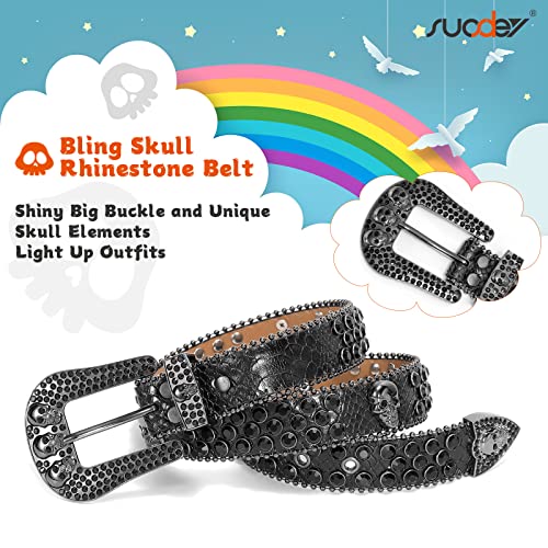 SUOSDEY Kids Rhinestone Belt Skull Stylish Leather Belt for Boys Girls, Western Bling Cowboy Cowgirl Belt for Jeans Pant3