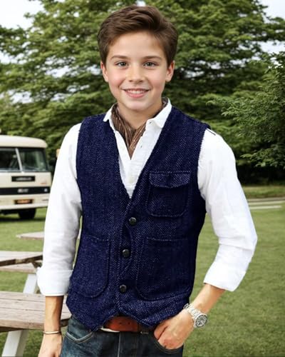 Boys Vintage Herringbone Tweed Suit Vest for Kids Toddler Slim Fit Wedding Tuxedo Waistcoat Youth Boy Formal Dress 6