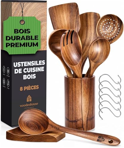 Ustensiles en Bois de Teck avec Support et Repose Cuillère - Cuillères et Spatule pour la Cuisine - Naturels et Sains Antiadhésifs - Ensemble 13 Pièces