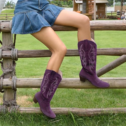 Image of KaroNairy Women Cowboy Boots Faux Suede Embroidered Pointed Thick Heeled Western Wide Calf Cowgirl Ponited Toe Mid Calf Boots
