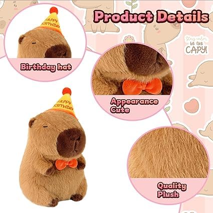 Capybara Peluche, 25cm Bambola di Peluche Giocattolo Peluche Capibara con Cappello da Compleanno Simpatico Pupazzo Cuscino Farciti Bambola Regali di Compleanno di Natale per Bambini