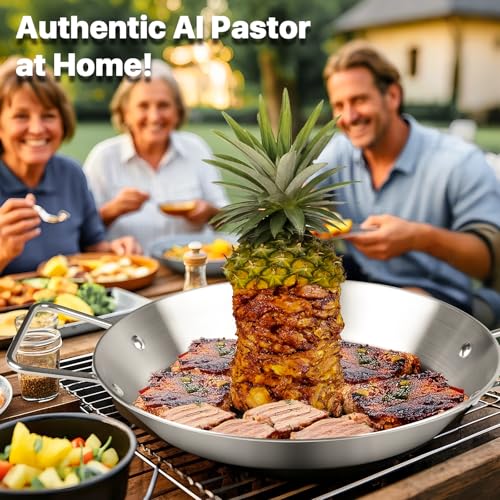 Vertical Skewer for Grill & Oven - Stainless Steel Al Pastor Skewer with Gyro Pan, 5 Adjustable Spikes (6"-14") - Shawarma Meat Stand for Tacos, Chicken Gyro, Doner Kebab - Fits Ovens, Smokers.