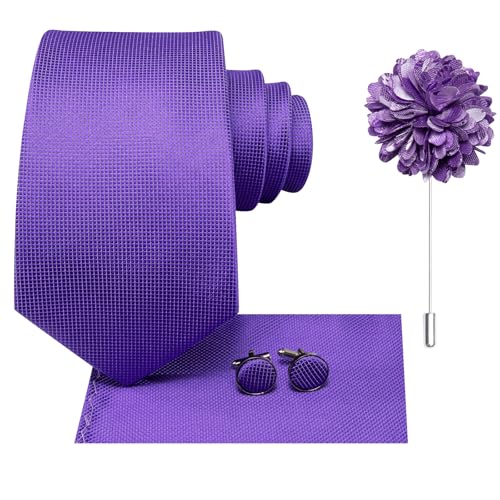 Image of Hi-Tie Mardi Gras Lavender Plaid Ties for Men Lapel Pin Set Pocket Square Cufflinks Formal Woven Silk Tie Sets Wedding Party