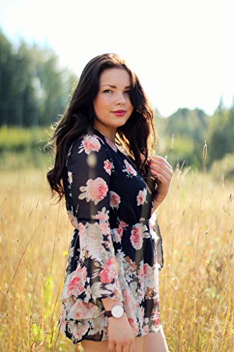 Persun Women Limited Black Floral Print Romper Playsuit With Long Flare Sleeves,Small,Black - Thumbnail 3