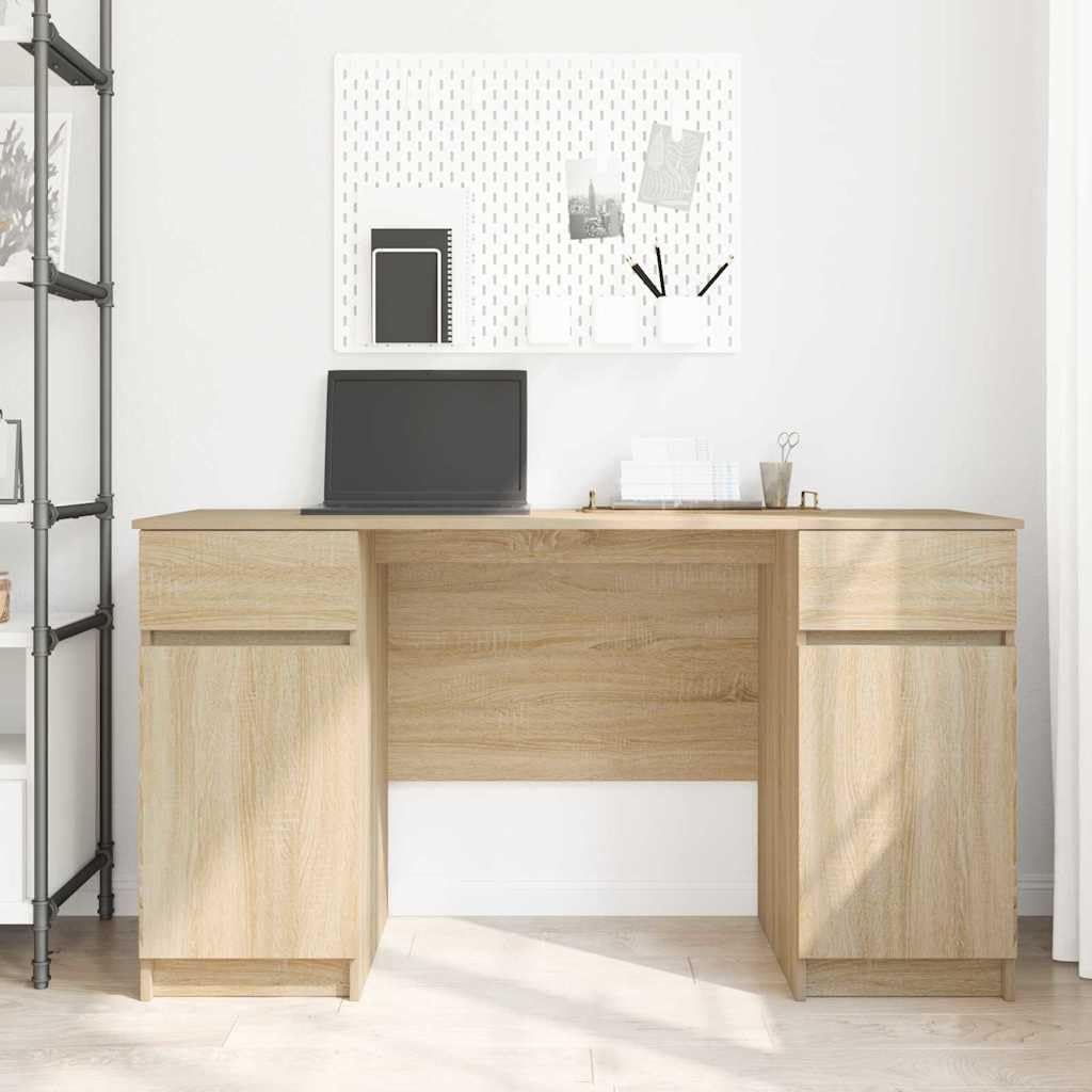 Scrivania rovere sonoma in legno ingegnerizzato 140 x 49 x 76 cm con 2 cassetti e ripiano, postazione lavoro e studio per computer PC gaming, mobile ufficio salvaspazio per smartworking casa