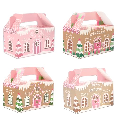 Whaline 24Pcs Christmas Treat Boxes with Handles Pink Gingerbread House Goodie Candy Bags Xmas Gable Paper Gift Containers for Cookie Snack Present Party Favor Supplies 4 Designs