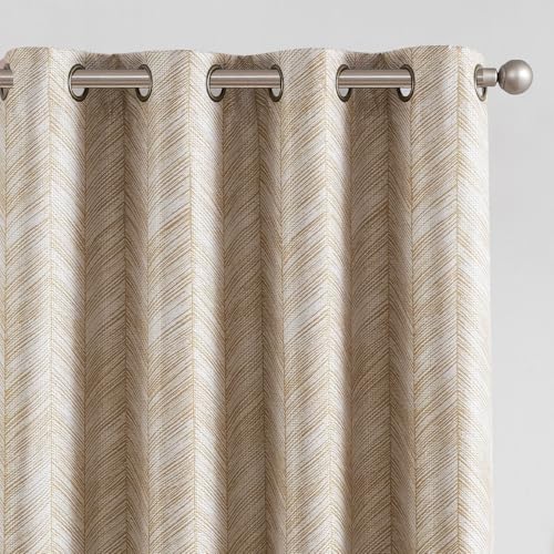 jinchan Taupe Printed Curtains Modern Jacquard Curtains with Herringbone Geometric