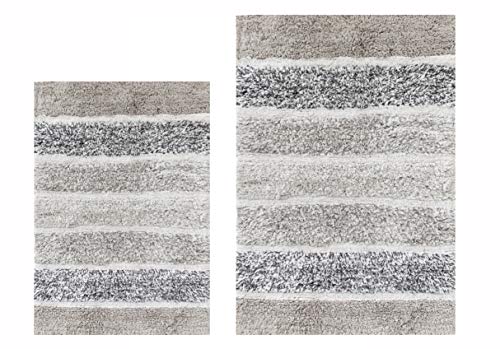 Ramanta Home Quilted Stripe 100% Cotton Bath Rug Set of 2 - Light Grey, Anti Skid Super Soft Absorbent Bath Mats for Bathroom, Shower, Kitchen, Entryway, Machine Washable - 21x32 & 17x24 Inch