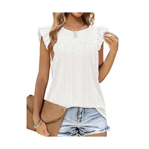 Jescakoo Womens Tank Tops White Blouse Dressy Casual Sleeveless Blouses for Women Eyelet M