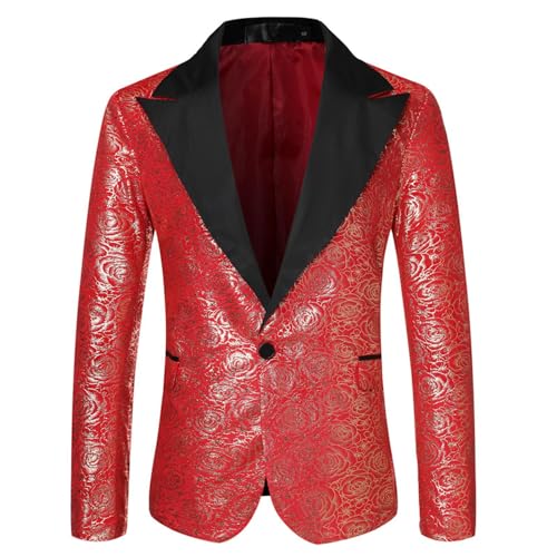 Zeiyignr Men's Shiny Sequins Blazer Floral Suit Jacket One Button Dress Coat Stylish Tuxedo for Party,Wedding,Banquet,Prom Red