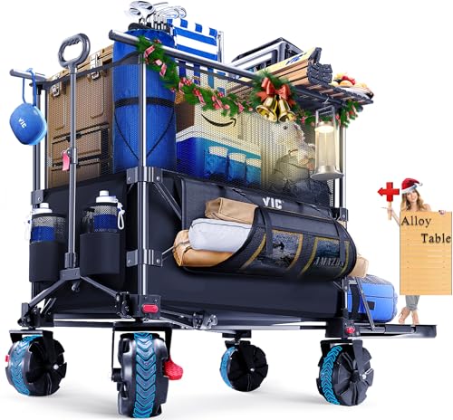 VIC 480L Super Cart & Table Set 1=5, Mega Capacity Folding Double Decker Wagon with Brakes, 54' Extra Long Extender Wagon Cart, 680lbs Heavy Duty Collapsible Carts, All-Terrain Big Wheels