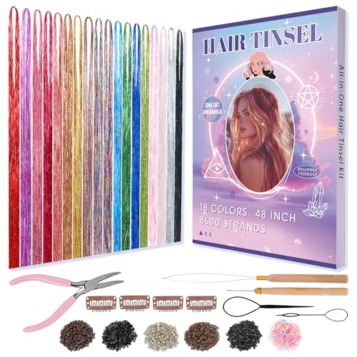 Arcpor Hair Tinsel 18 Colors Fairy Hair Tinsel Kit for Teen Girls 8600 Strands Heat Resistant Glitter Hair Extensions for Christmas Party Festival(18 Colors 48 Inches)