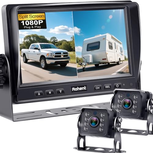 Dual RV Backup Camera System: 7' Monitor with Split Screen No Lag Easy Installation Plug and Play HD 1080P Rear View Camera Wired Kit IP69 Waterproof IR Crystal Night Vision for Truck Tractor R4