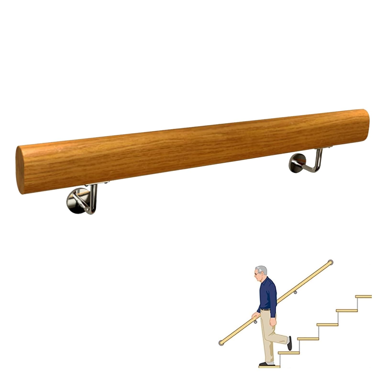 Rampe d'escalier en bois massif noble et supports acier inoxydable