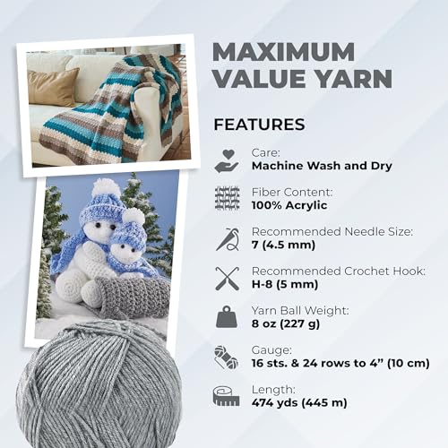 Image of Mary Maxim Maximum Value Acrylic Yarn for Crocheting and Knitting, Soft Worsted Weight Grey Yarn 4, Ideal for Blankets, Sweaters, Hats, and Scarves, 8 oz Skein (474 Yds), Light Grey - 1 Skein