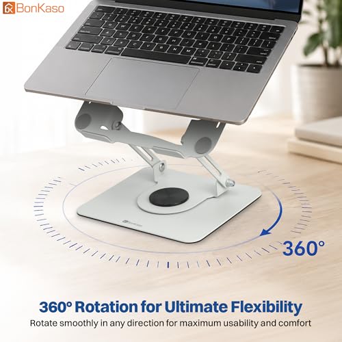 Image of BonKaso 360 Rotating Metal Laptop Stand, Height & Angle Adjustable, Foldable Design, Carbon Steel Build, Ventilated Cooling, Supports Up to 5kg, Compatible with Laptops & MacBook (Up to 17.3 inch) |White