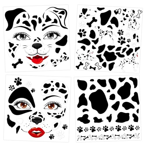 HOWAF 4 Feuilles Dalmatien Tatouage Halloween pour Visage, Tatouage Temporaire Carnaval Autocollant Visage pour Deguisement Dalmatien, Deguisement Halloween...