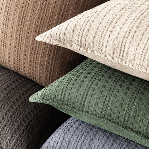 Image of Foindtower Set of 2 Decorative Cotton Waffle Weave Lumbar Throw Pillow Covers Euro Shams Cushion Covers Accent European Pillowcase for Bed Couch Bedroom Living Room Home Decor 12x20 Inch Dark Green