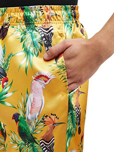 Mad Engine Men's Tropical Birds of Paradise Gold Satin Lounge Sleep Pants2