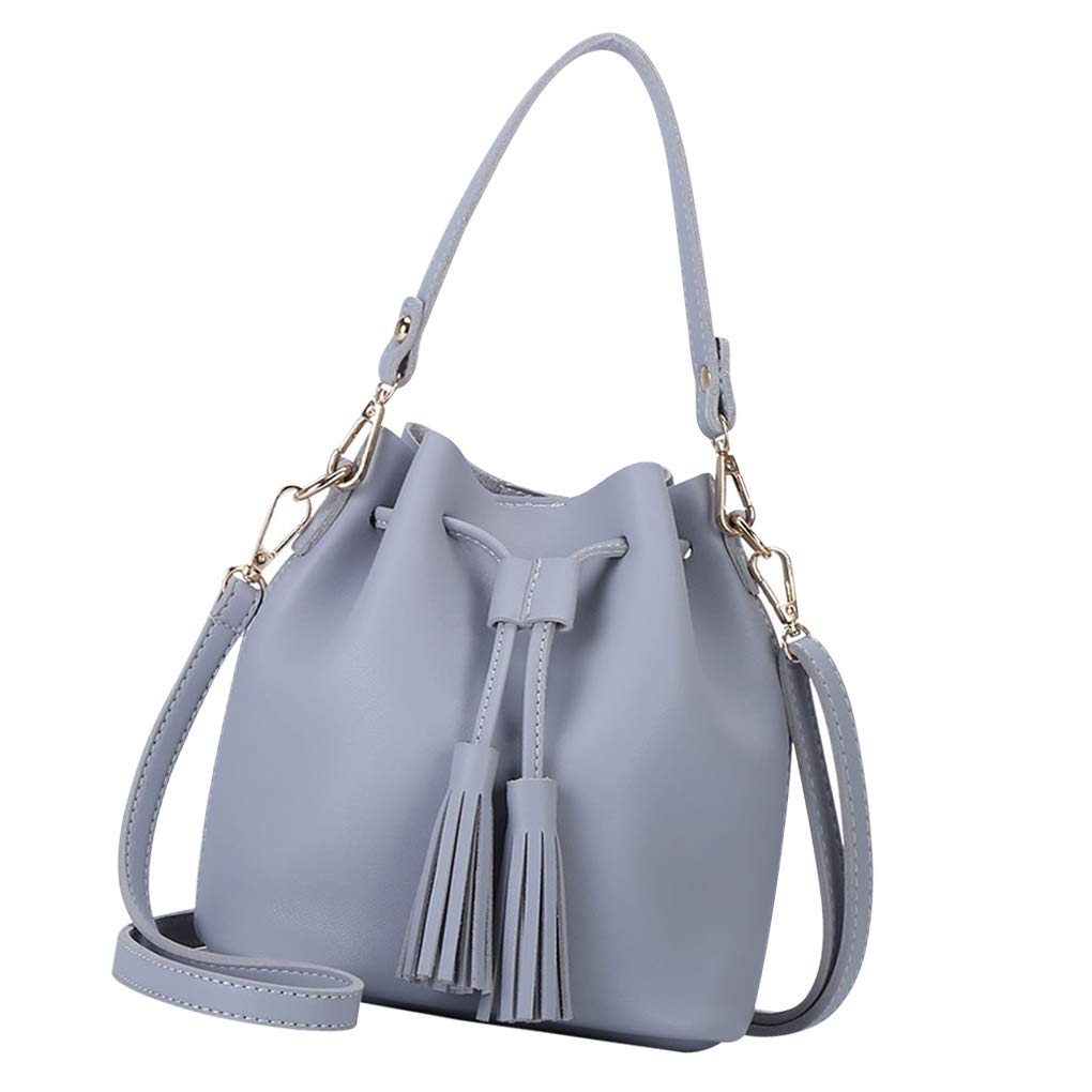 WOVEBIUS Bucket Bag Faux Leather Tassel Drawstring Crossbody Pouch Women Solid Color Shoulder Bag Handbag,Gray