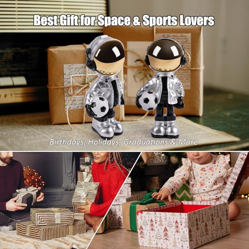 Estatua decorativa astronauta con balón de fútbol plateada miniatura 5