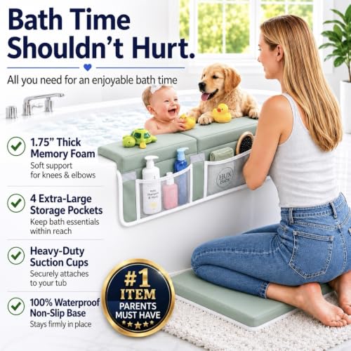 Image of Comfortable Baby Bath Kneeler and Elbow Rest Pad Set, Non-Slip Bathtub Kneeling Pad for Bathing Baby, Bath Tub Cushion Mat, Elbow Pads, Toy Organizer Storage Pockets, Strong Suction Cups (Green Gray)