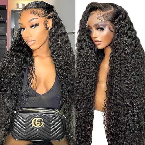 Image of JTMMP 13x6 Deep Wave Lace Front Wigs Human Hair 200% Density 24 Inch Curly Human Hair Wig for Women Natural Black HD Transparent Lace Glueless Frontal Wigs Human Hair Pre Plucked