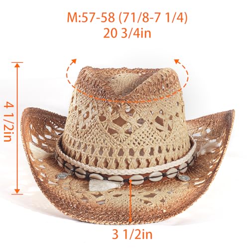 Image of Men's Cowboy Hats Summer Women Beach Cowgirl Hat Raffia Unisex Western Sun Hat