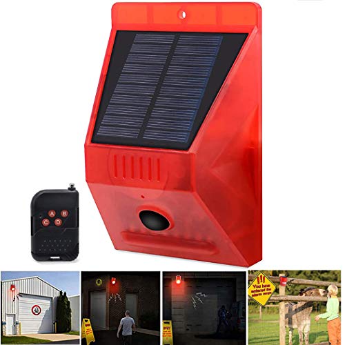 Comboss Solar Strobe Light with Remote Controller, Solar Strobe Light with Motion Detector Solar Alarm Light 129db Sound Security Siren, Protected your Home, Farm, Barn, Barn,Villa,Yard.