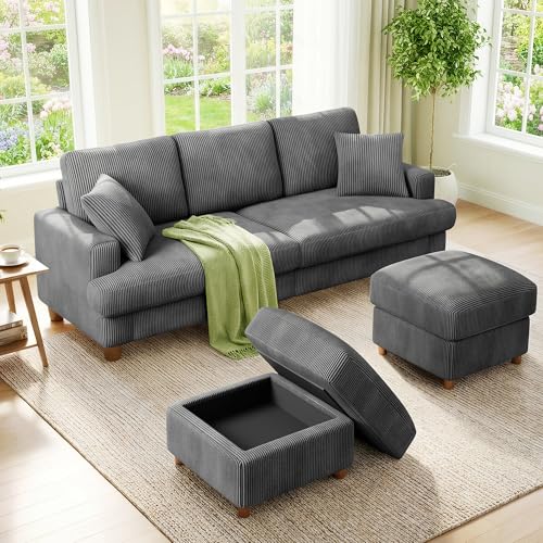 Image of Kidirect 87in U Shaped Couch, Modular Sofa No Tool Assembly, Comfy Sectional Couches for Living Room 21in Deeper Seats, Corduroy Sofas for Living Room with 2 Pillows, Loveseat Sofa Set, Grey Couch