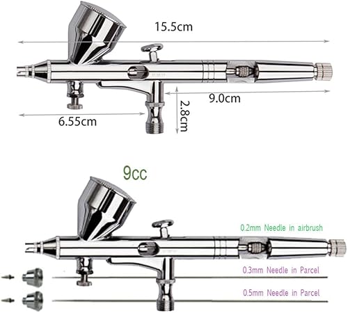 Miniatura 3 de Pinkiou Kit de aerógrafo con diferentes boquillas y agujas, juegos de aerógrafo de doble acción multipropósito con cepillo de aire 0.2 0.3 y 0.020