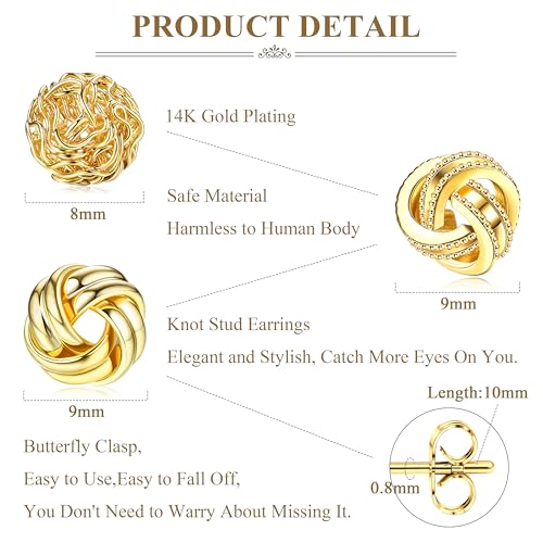 HAIAISO 3 Pairs Gold Love Knot Earrings For Women 14K Gold Plated Woven Ball Stud Earrings Love Knot Post Earrings for Sensitive Ears2