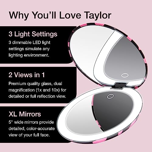 Image of Fancii Taylor LED Lighted Travel Makeup Mirror, Rechargeable with 10x /1x Magnifying & 3 Light Settings - Compact, Portable, Large 5 inch Wide Hand Mirror for Handbag and Purses, Taylor (Love Train)