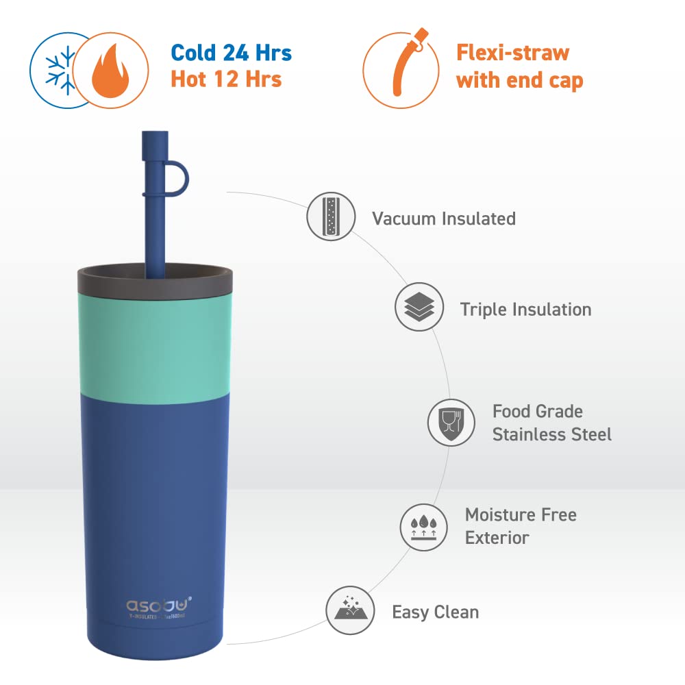 ASOBU - SUPER SIPPY - TAZA PARA BEBIDAS TOGO DE ACERO INOXIDABLE AZUL PASTEL TURQUESA