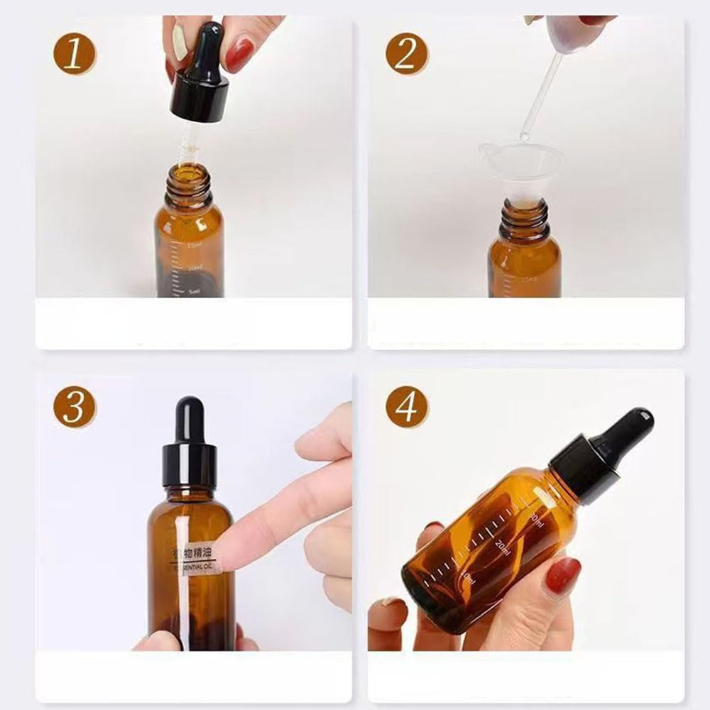 Leere bernsteinfarbene Glas-Tropfflaschen für ätherisches Öl, nachfüllbarer Ölbehälter mit Skalen-Reagenz für Augentropfenöle, Aromatherapie, Flüssigkeitspipetten, nachfüllbare Behälter (100 ml)