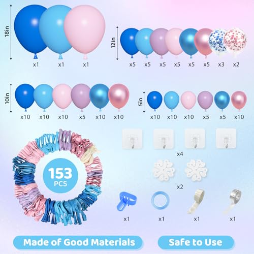 Image of Amandir 153pcs Pink and Blue Balloon Arch Garland Kit Different Sizes | 18 12 10 5 inch Pastel Blue Pink Purple Confetti Balloons for Boys Girls Shower Pool Summer Party Gender Reveal Decorations