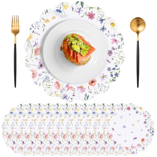 60Pcs Disposable Floral Placemats 13.5 Inch Summer Flower Paper Placemat Round Wildflower Butterfly Wedding Place Mats Scalloped Table Mat for Banquet Bridal Shower Tea Party Birthday Garden Party