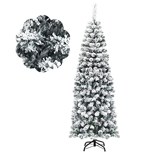 COSTWAY 135/180/225cm Bleistift Weihnachtsbaum mit Schnee, künstlicher Tannenbaum mit Metallständer, Christbaum PVC Nadeln, Kunstbaum Weihnachten Klappsystem Grün (180cm)