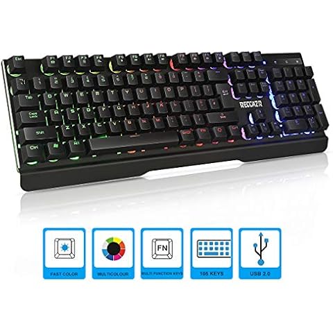 Gaming Keyboard UK Layout,Rainbow LED Backlit USB and Multimedia Shortcut Keys Semi Mechanical Wired Keyboard with 19-Key Anti-Ghosting, Ergonomic Wrist Rest - Reccazri Cover