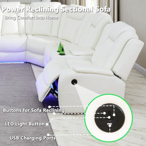 Image of Leather Power Recliner Sectional Sofa Set with LED Light,L Shaped Leather Sectional Couch Set with 5 Recliner Seats,Modular Couches with USB Ports for Living Room Furniture,Creamy White